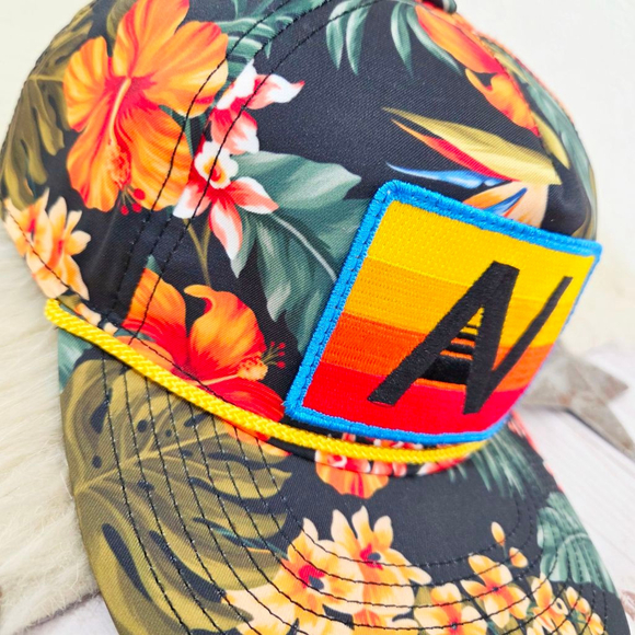Aviator Nation Black Tropical Hibiscus Floral Snapback Hat AV patch NWOT - Picture 2 of 5